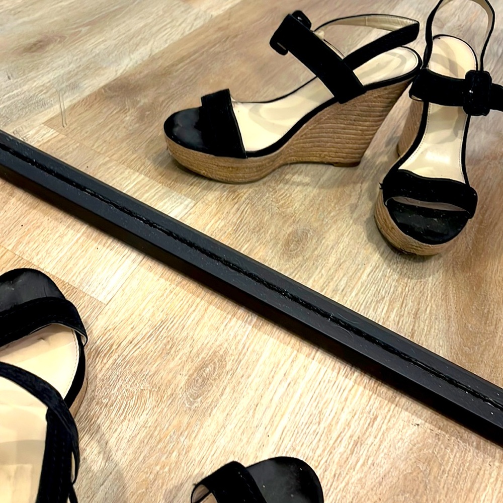 Cute, wedge heel, Mark Fisher, sandals, black suede, cute buckle closure